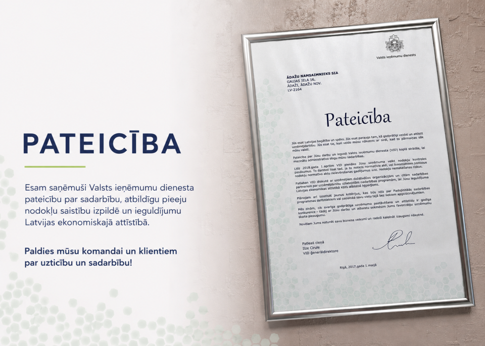 Pateicība no Valsts Ieņēmumu Dienesta