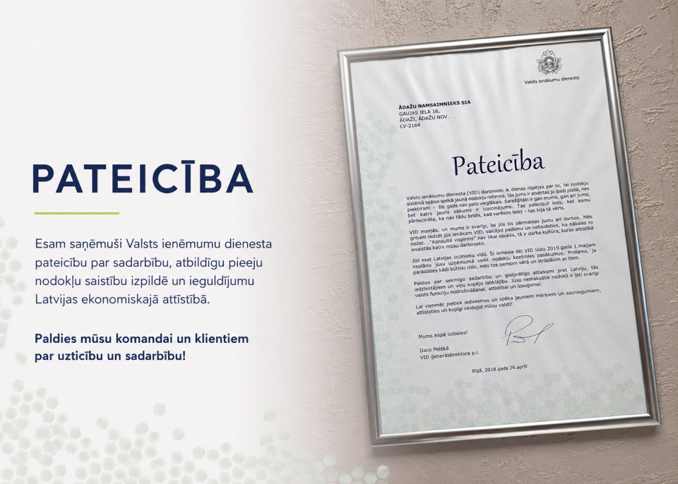 Ādažu Namsaimnieks saņem Valsts ieņēmumu dienesta pateicību